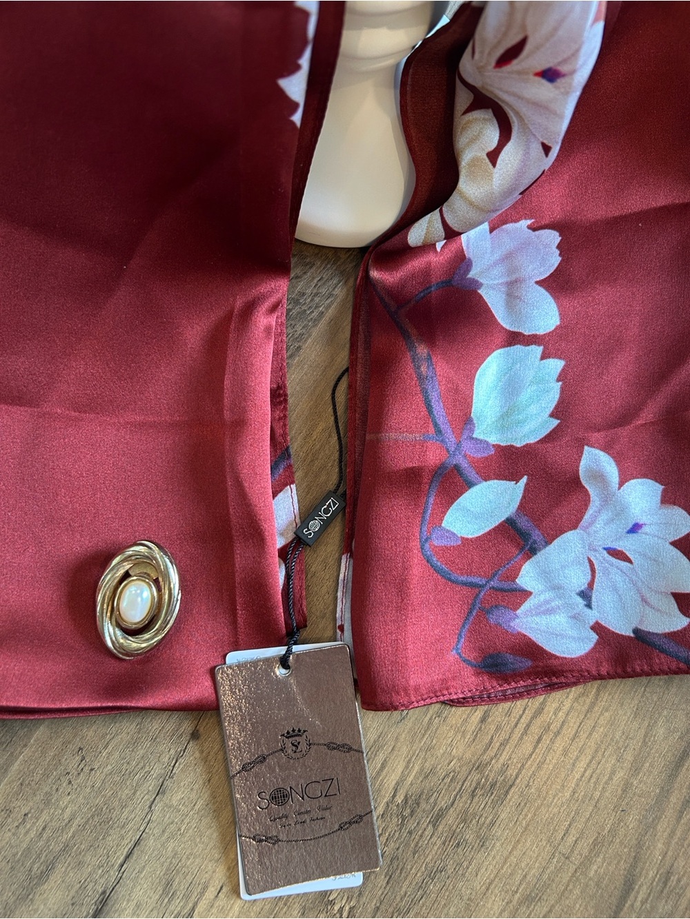 Songzi Floral 100% Silk Scarf With Jeri-Lou Scarf Clip